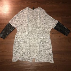 Marled gray cardigan with leather sleeves